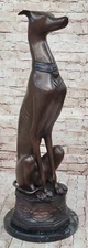 Art Deco Life Size Sitting Greyhound Dog Bronze Sculpture Marble Base Statue