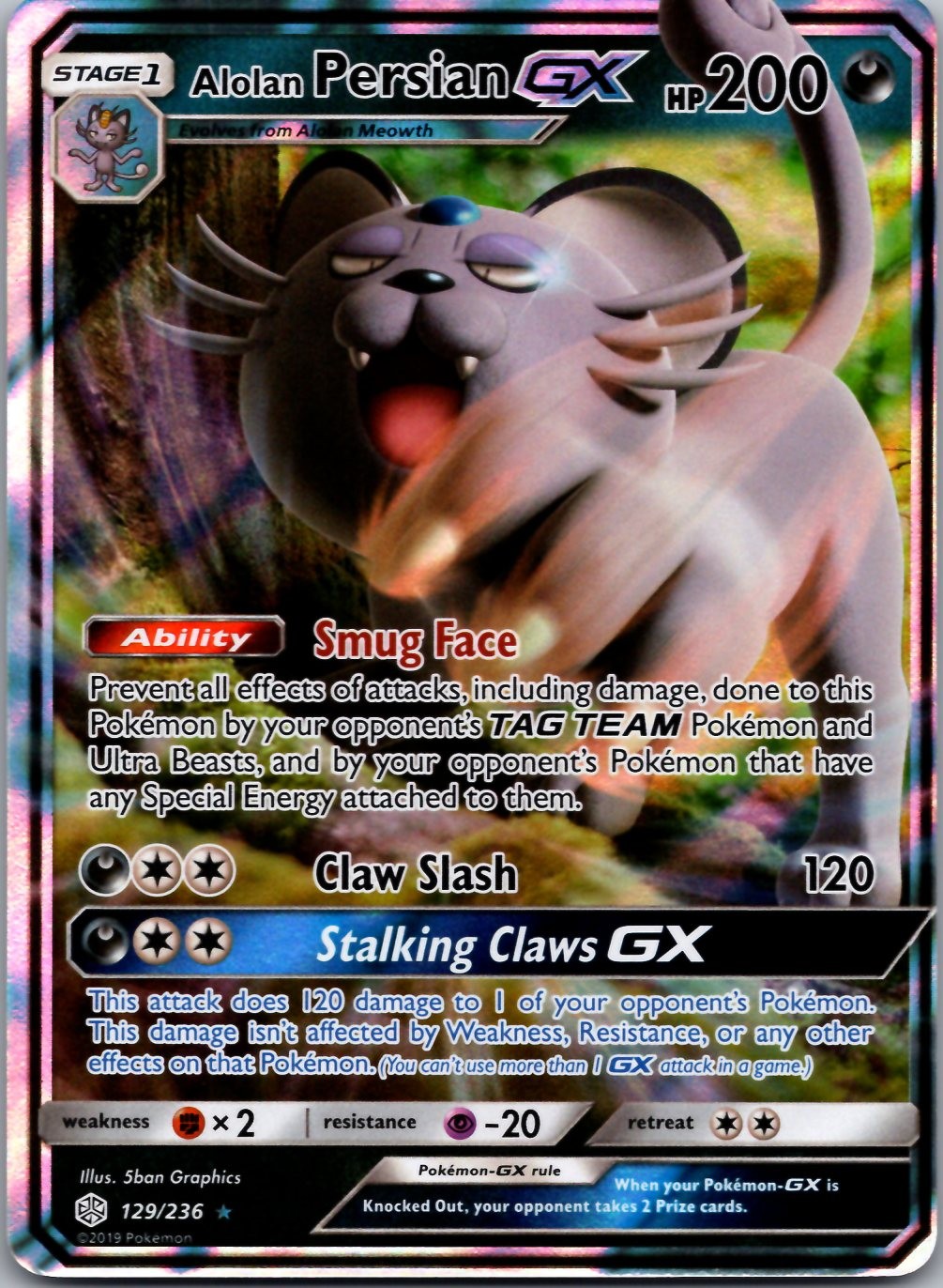 Alolan Persian GX 129/236 Holo GX Rare Cosmic Eclipse Pokemon Near Mint