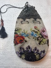 Victorian micro-beaded and seed-beaded floral drawstring reticule pouch purse