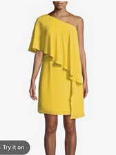Halston Heritage Women’s Yellow Solid One-Shoulder Short Sleeve Ruffle Shift 12