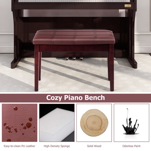 Piano de madera maciza cuero PU banco acolchado doble dúo teclado asiento almacenamiento marrón - Imagen 6 de 9