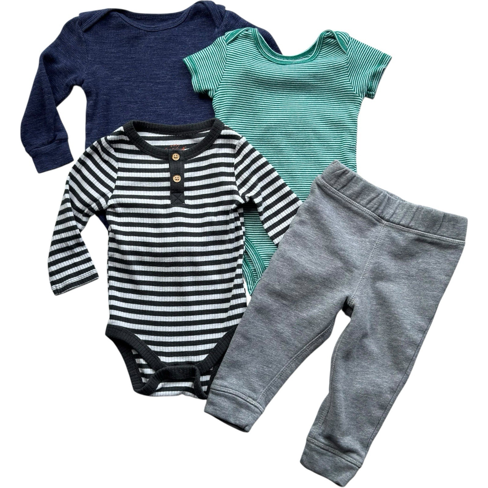 4 Piece Baby Boy Outfit 6-12M 3 Bodysuits Joggers Short & Long Sleeve Grey Blue image 2
