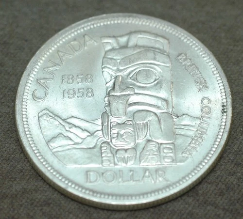 1958 Canada Silver Dollar British Columbia Totem Centennial Beautiful About Unc.