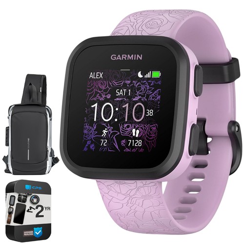 Garmin Bounce Kid Smartwatch, Lilac Floral w/ Sling Backpack + 2 Yr Warranty Kit - Photo 3 sur 12