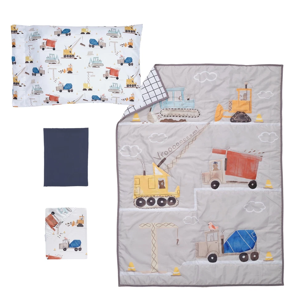 Juego de ropa de cama para niños pequeños Bedtime Originals 4 piezas zona de construcción gris/azul marino/blanco Foto 2 de 4