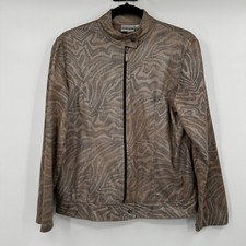 Chicos Size Medium Brown Metallic Animal Print Full Zip Mock Neck Jacket Safari