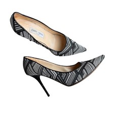 Jimmy Choo -Abel Black White Woven Print Pointed Toe Stiletto Heels Sz 39.5