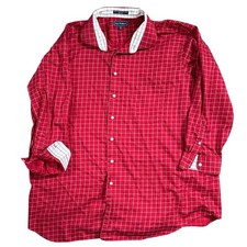 Paul Fredrick mens dress shirt red gray check 20-35 cotton contrast cuffs EUC