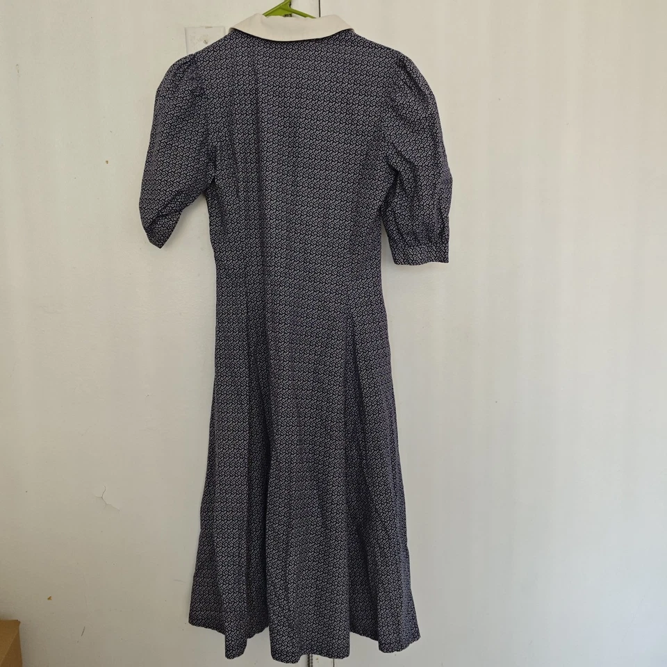 Feminino Laura Ashley Vintage Feito na Grã-Bretanha Azul Marinho Manga Puff Midi... - Imagem 4 de 4