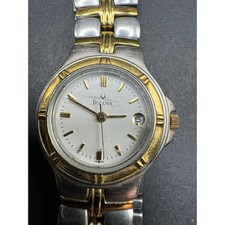 Bulova Watch Women 24mm White Dial Two Tone Date Round 98M36 Gold Steel Band