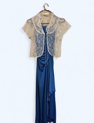 Roberta California Blue Maxi Dress Ivory Lace Overlay Ruffle Tie Short Sleeve