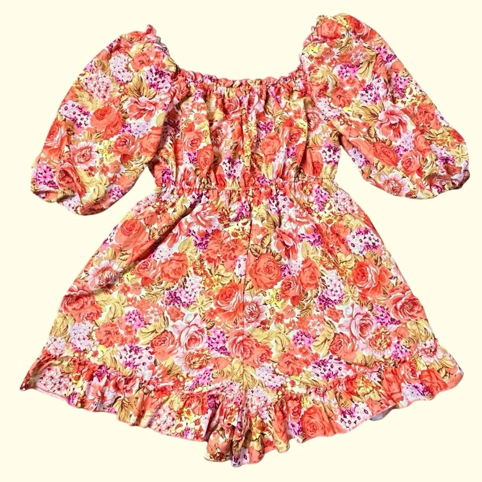 Boohoo Mameluco Mujer Talla 10 Naranja Amarillo Volantes Romántico Acanalado Floral Caprichoso Foto 3 de 4