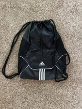 Adidas Drawstring Backpack Black 3 Stripes Pocket Heavy Duty Preowned Excellent!