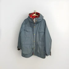 VTG Woolrich Blue Wool Lined Hooded Plaid Lined Parka Chore Jacket L Made In USA