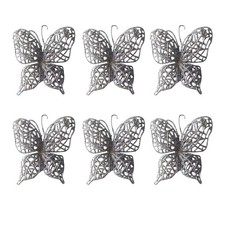 Christmas Butterfly Tree Decorations 6 pack with ties Full Glitter Detail Silver