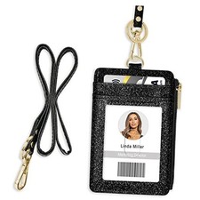ID Badge Holder with Lanyard, Vertical Bling Shiny ID Badge Card Bling Black