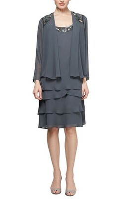 SL Fashions 110692 Steel Midi Chiffon Mother of the Bride Dress with Jacket