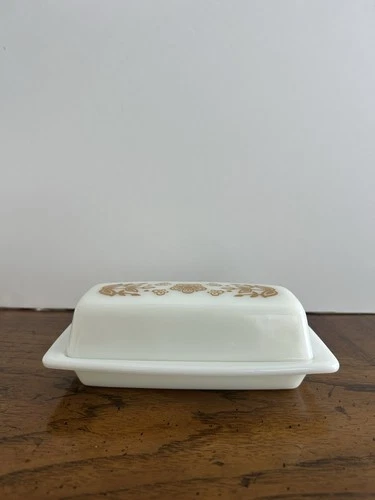 Vtg 1970s Pyrex Butter Dish with Lid Butterfly Gold 72-B - Small Black Mark