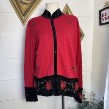 Vintage Christmas Sweater Cardigan Sequin Embroidered Poinsettias Embellished M