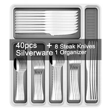 49-Piece Silverware Set with Organizer, Stainless Steel Kitchen Utensils Set ...