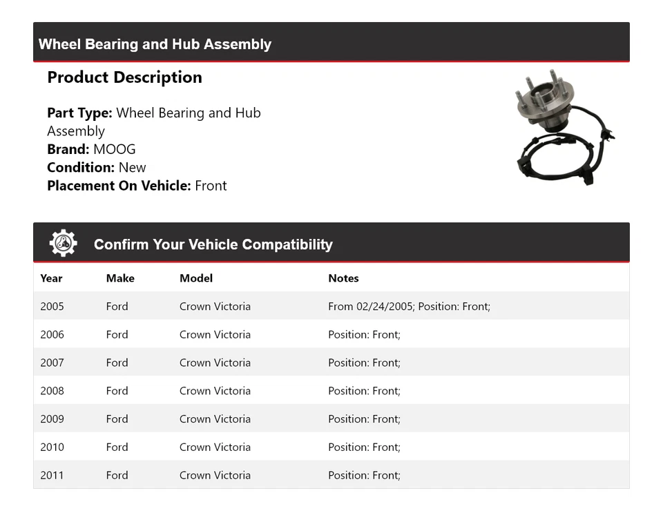 Conjunto de cojinete de rueda y buje delantero MOOG 2005 para Ford Crown Victoria 2005-2011 Foto 2 de 4