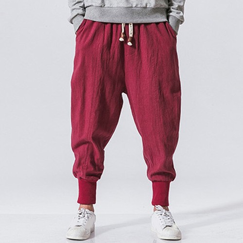 Baggy Pants Elastic Waist Trousers Harem Mens Casual Cotton Linen Ankle Loose - Picture 12 of 18