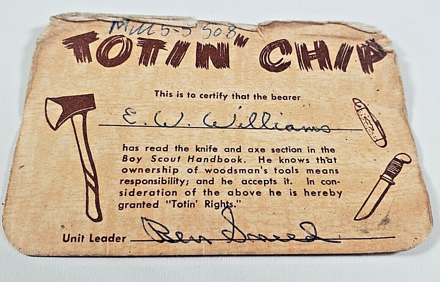 VTG Boy Scouts Of America BSA 1990's Totin’ Chip Card "E.W. Williams
