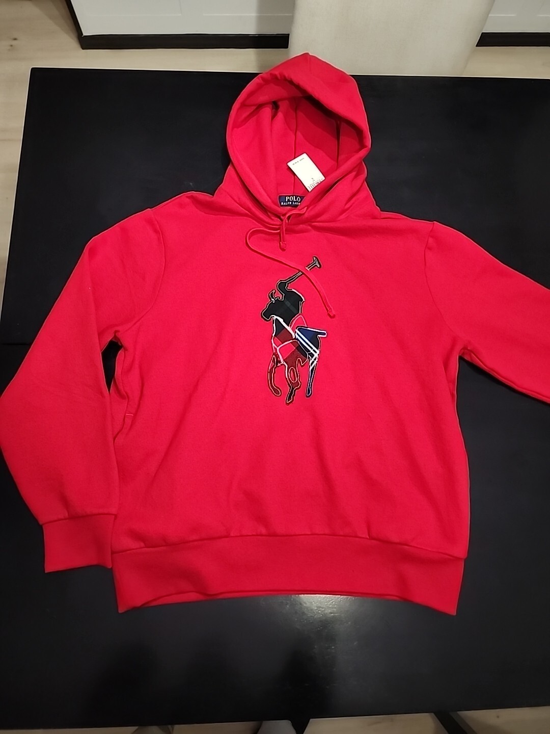 Polo Ralph Lauren Plaid Big Pony Large Graphic Logo Felpa con Cappuccio Rosso Uomo NUOVA CON ETICHETTE