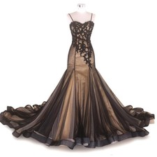 Mermaid Wedding Dresses Champagne with Black Appliques Beaded Gothic Bridal Gown