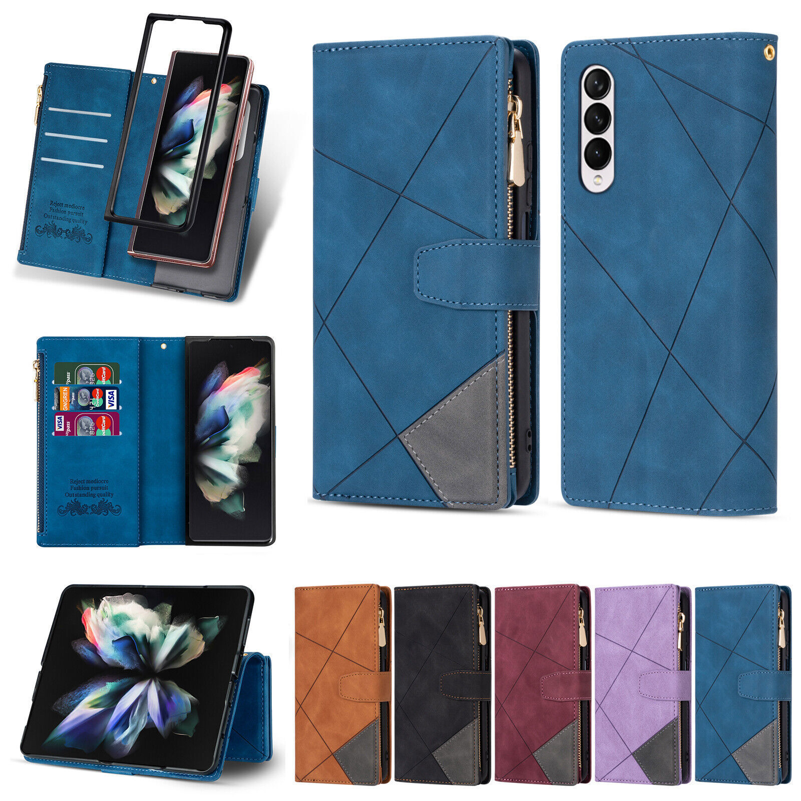 Fr Samsung Galaxy Z Fold 6/5/4/3 PU Leather Zipper Wallet Case+Wrist Strap Cover-image