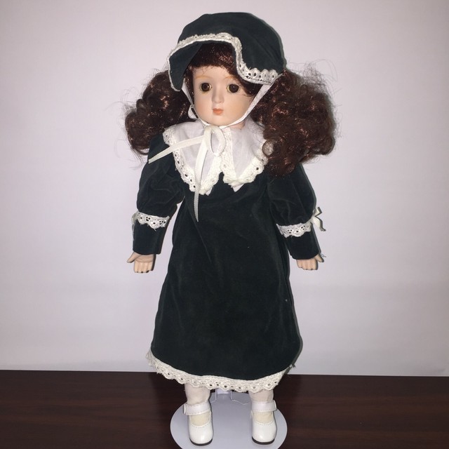 Porcelain Doll Green Velvet Dress w/ White Details Brown/Red Hair Brown