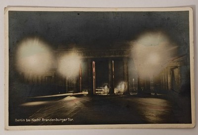 Postcard Berlin Brandenburg Gate at night RPPC 1930 Night View stamp to Romania