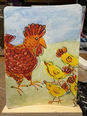 ACEO Signed, Chicken, Hen, chicks, Farm Life Artist; one anxious Lady