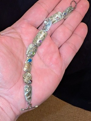 Vintage One-of-a-kind Artisan-Crafted Silver Bracelet w/ Gem Stones Buckhead GA