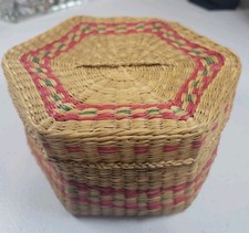 Hexagon Handwoven Straw Trinket Basket w/ Lid Pink Green Accent 6"x4"