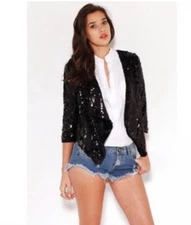 New York & Company Jacket XL black Sequin Open Front Waterfall Blazer Top NWT
