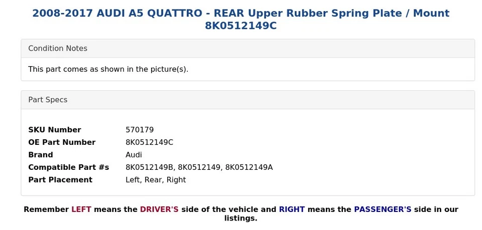 2008-2017 AUDI A5 QUATTRO - REAR Upper Rubber Spring Plate / Mount 8K0512149C - Image 4 of 4