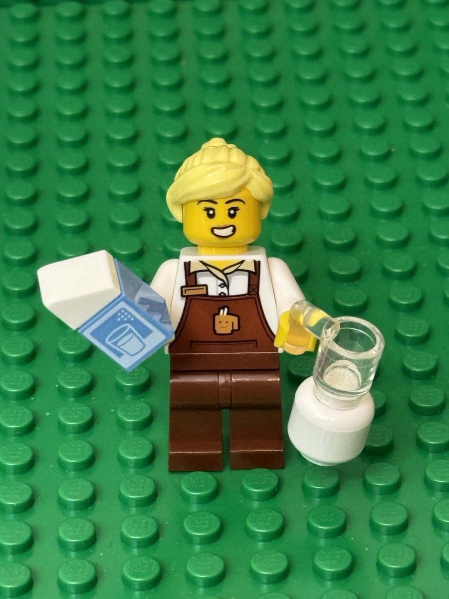 Lego City Town Barista Female Mini Figure W/ Milk Jar Mug / Cup