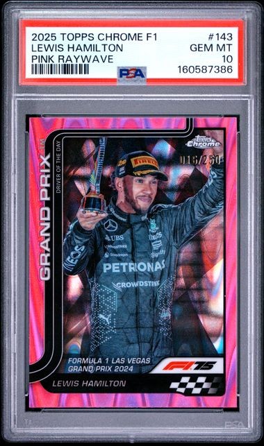 2025 Topps Chrome Formula 1 Lewis Hamilton #143 Pink Raywave /250 PSA 10 view 1