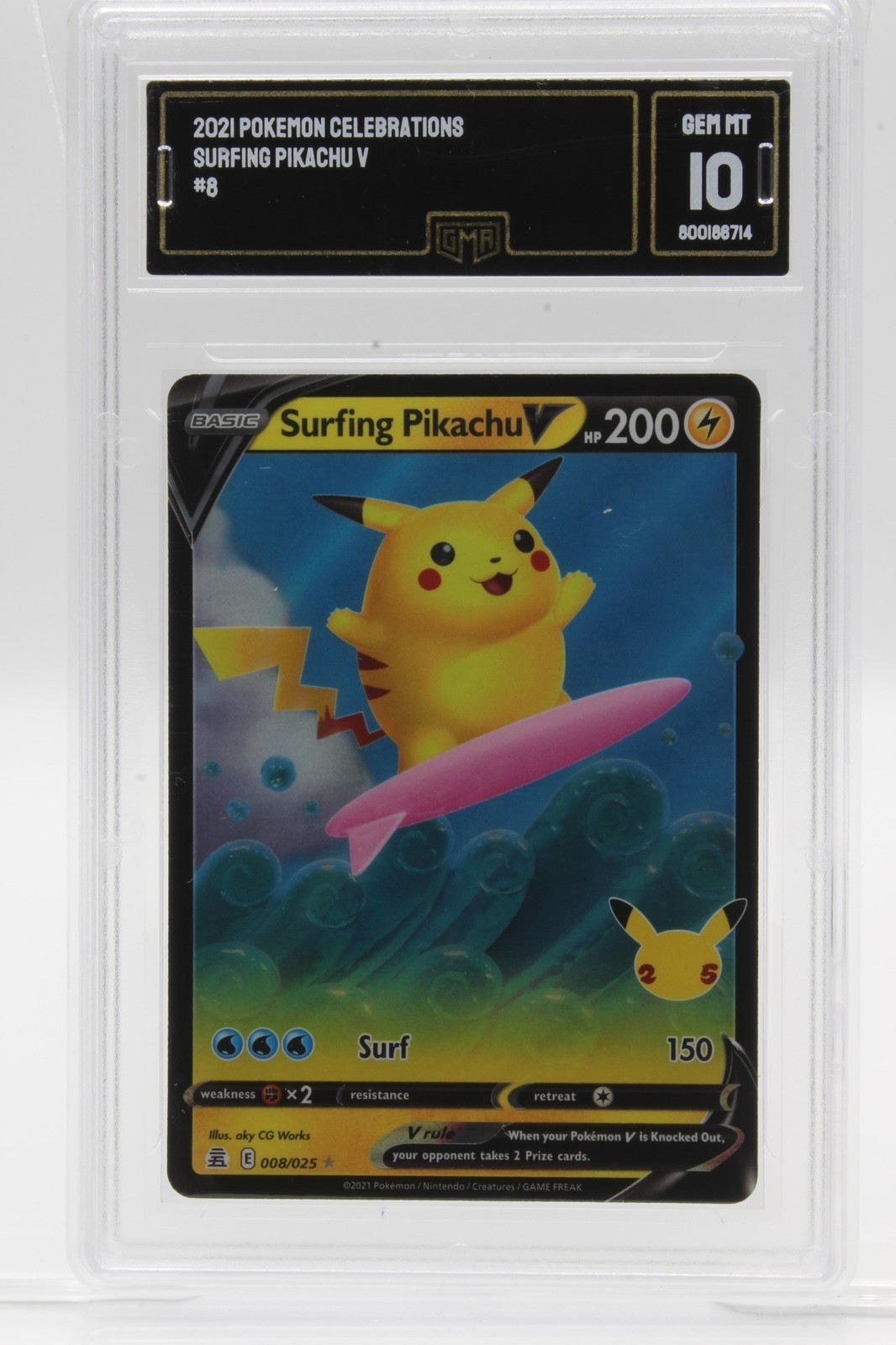 Pokemon - Celebrations Surfing Pikachu V 8 2021 PSA GEM MT 10