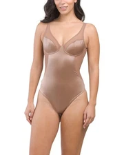 Spanx Shaping Mesh-trimmed Stretch-satin Thong Bodysuit Cafe Au Lait SZ S SMALL