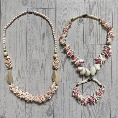 Hawaii Shell Necklace Bracelet Lot Pink White Cream Beach Jewelry Summer Set