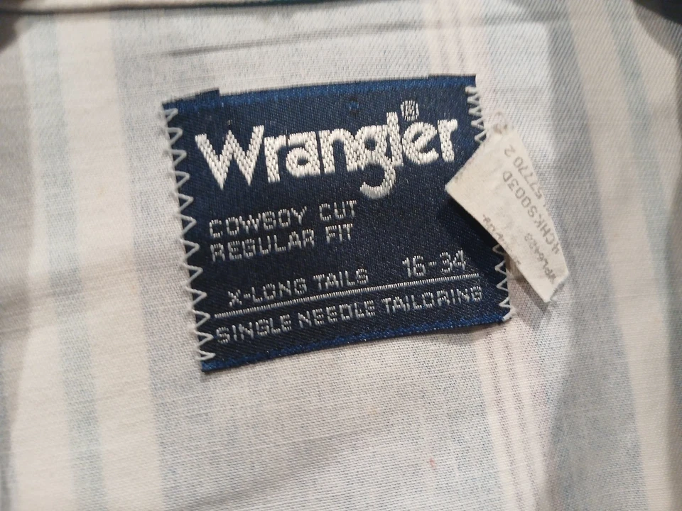 Camisa Wrangler De Colección Para Hombres Mediana 16 34 X Colas Largas Denim Azul Occidental Rayas Foto 4 de 4