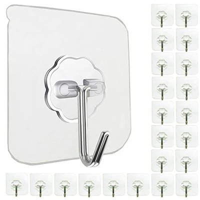 Heavy Duty Self Adhesive Hooks - 33lb Max, Transparent, Waterproof, 24 Pack