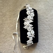 Ivory White Floral Beaded Bridal Sash Belt Appliqu with Ribbon Ties