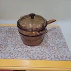 Pyrex Vision Corning Ware AMBER Glass 1.5 L/QT Sauce Pan Pot W/Lid&Double Boiler