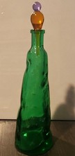 Green Glass Decanter Bottle w/ Amber Stopper Lid, Decorative