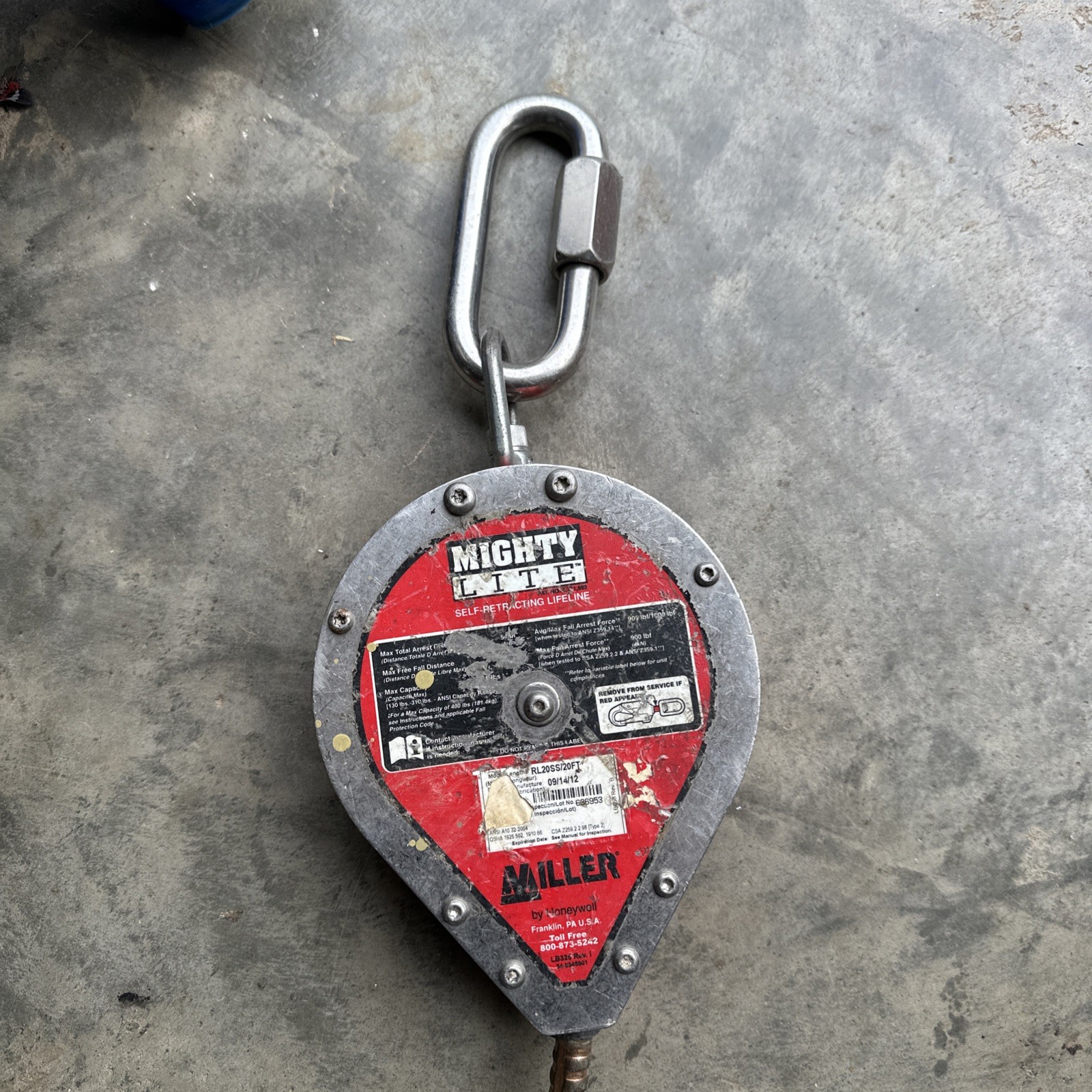 HONEYWELL MILLER MIGHTYLITE RL20G/20FT SELF RETRACTING LIFELINE 20FT GALVANIZED 