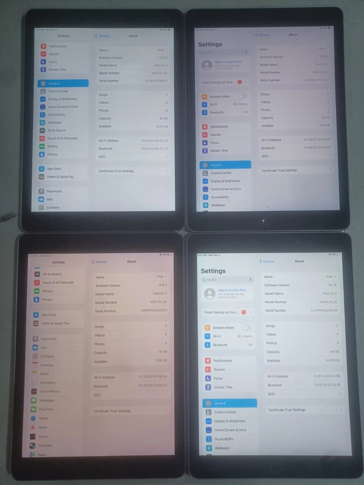 LOT OF 4:  APPLE IPAD AIR 2ND GEN A1566 - 16GB & 64GB - SPACE GRAY - USED - Image 3 of 4