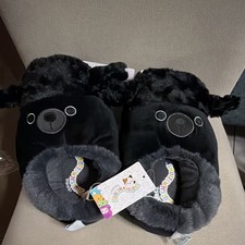 Squishmallows Bear Faux Fur Slip-On Slippers Black Gray Women's Size 4/5